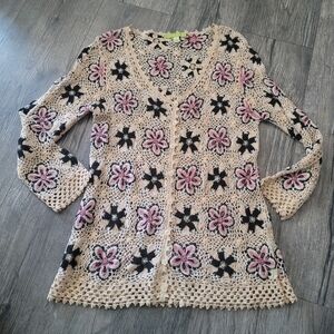 Sigrid Olsen Floral Crochet Cardigan - Cream, Black, Pink